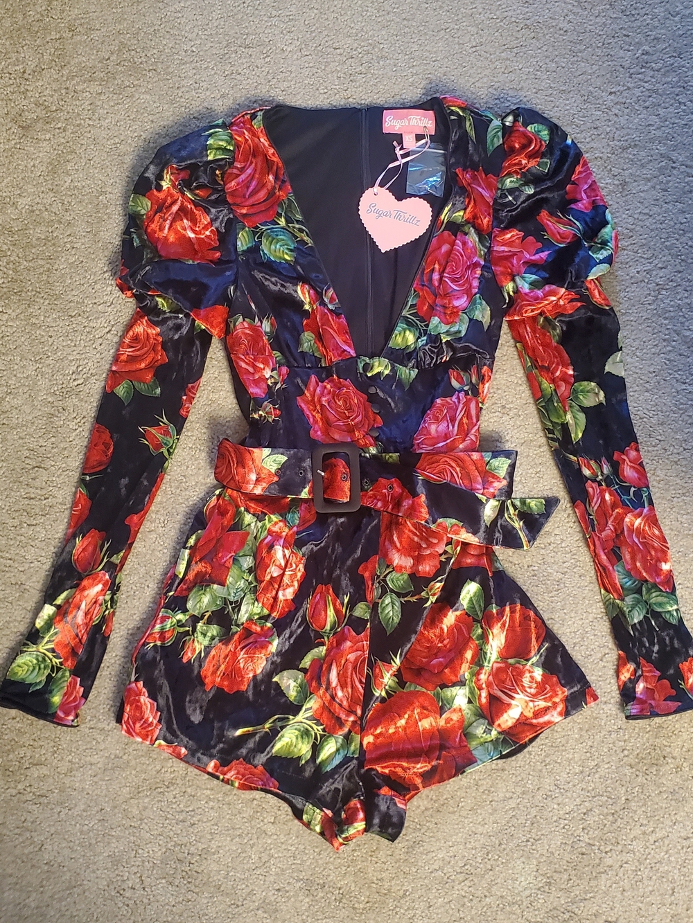 NWT Sugar Thrillz Black Velvet Romper with Red Rose Print and Belt Size XS